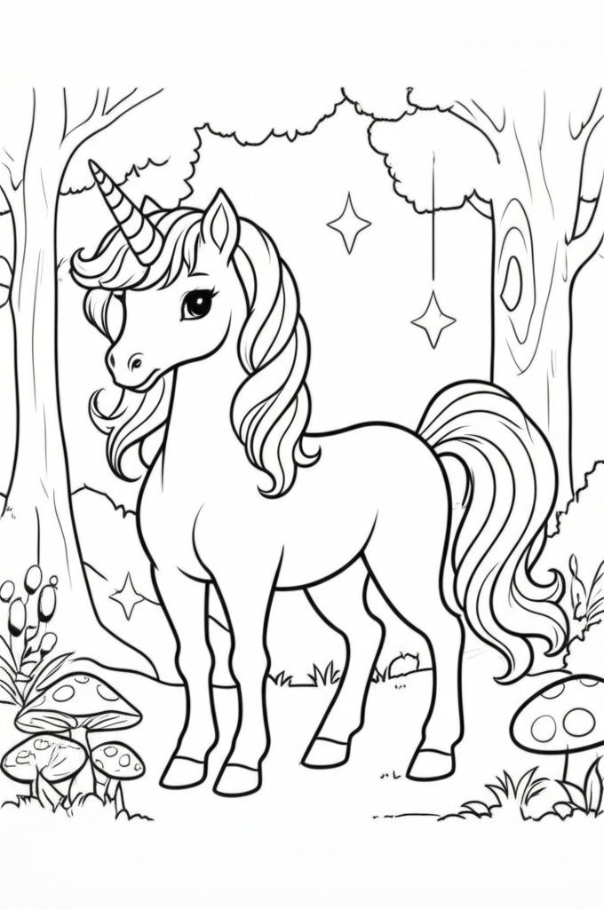 Black and white coloring page of a friendly unicorn in an enchanted forest with trees, mushrooms, and stars