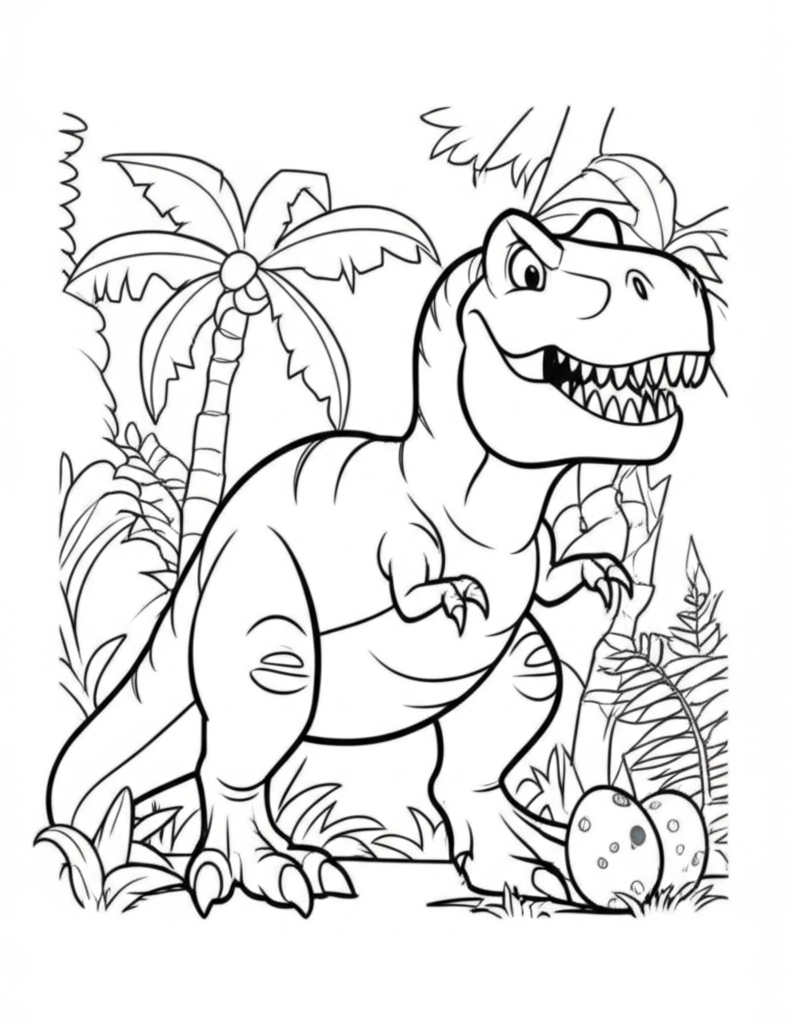 Black and white cartoon illustration of a friendly Tyrannosaurus Rex standing in a jungle with ferns, palm trees, and dinosaur eggs