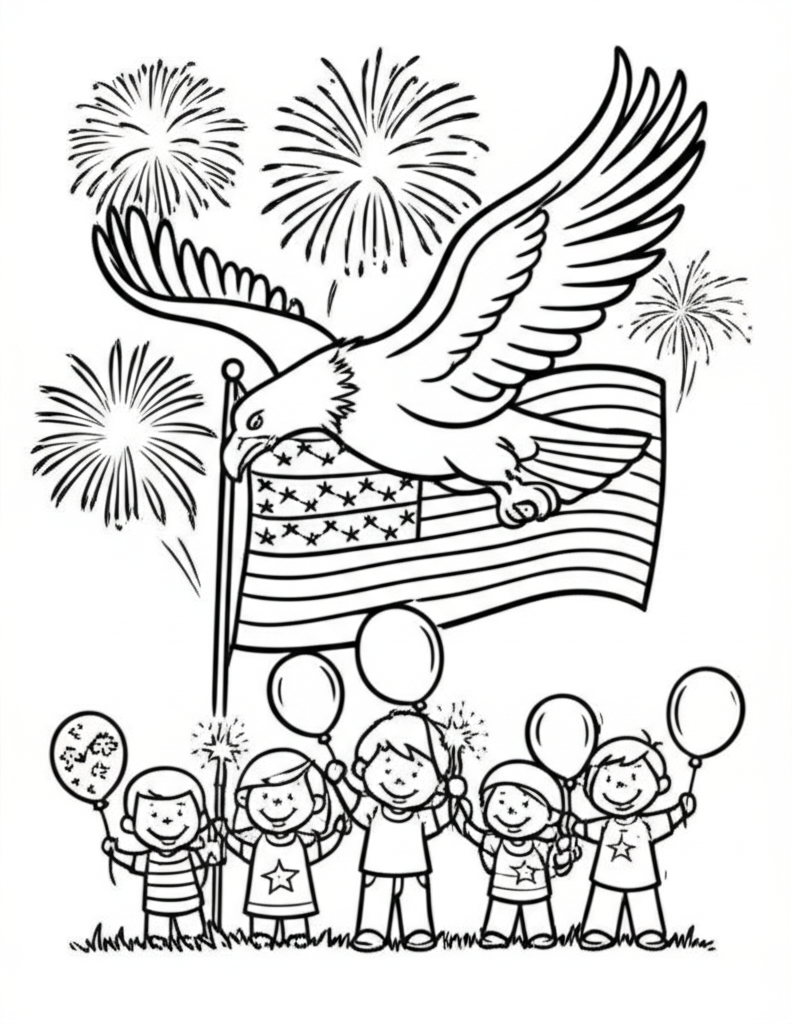 Black and white coloring page of a patriotic eagle soaring above an American flag with fireworks and children waving sparklers below