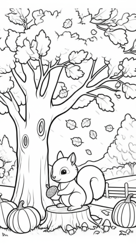 Black and white coloring page of a peaceful autumn scene featuring a large oak tree, a cute squirrel holding an acorn on a stump, falling leaves, mushrooms, and pumpkins