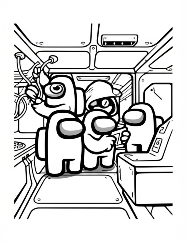 Black and white coloring page of Among Us crewmates and an impostor in a spaceship corridor, with tasks and sneaking action