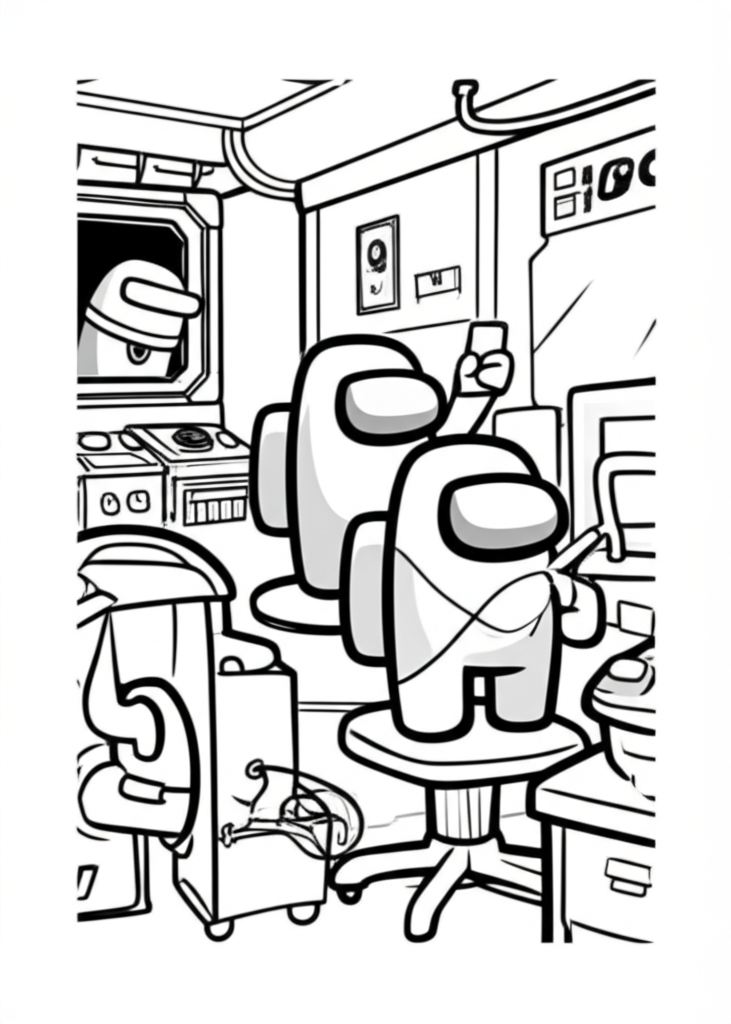 Black and white coloring page of Among Us crewmates fixing wires, scanning ID cards, and an impostor peeking from a vent in a spaceship hallway.