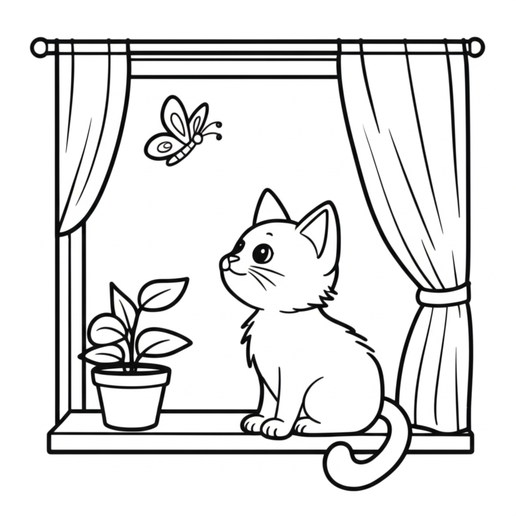A black and white coloring page of a playful cat sitting on a windowsill, looking at a butterfly with curtains and a potted plant nearby