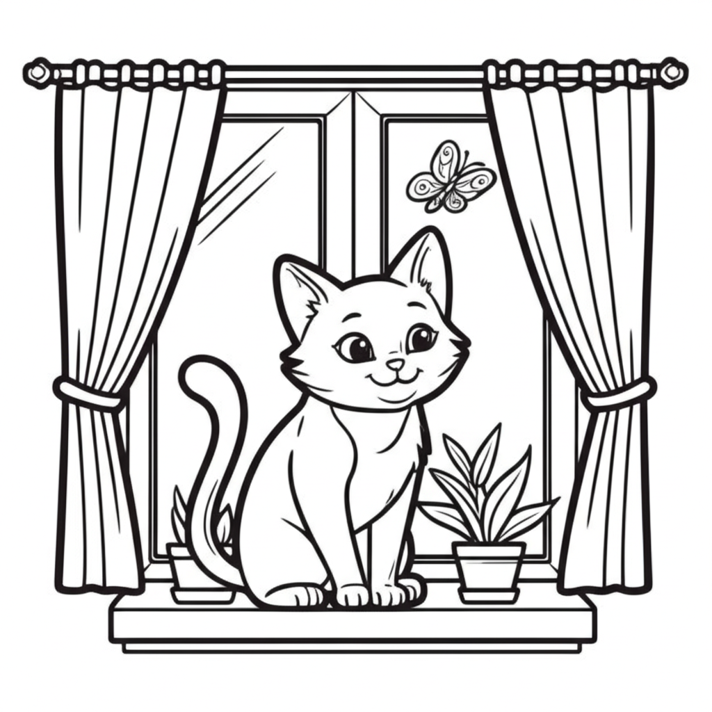 A playful cat sitting on a windowsill watching a nearby butterfly, with simple curtains and potted plants