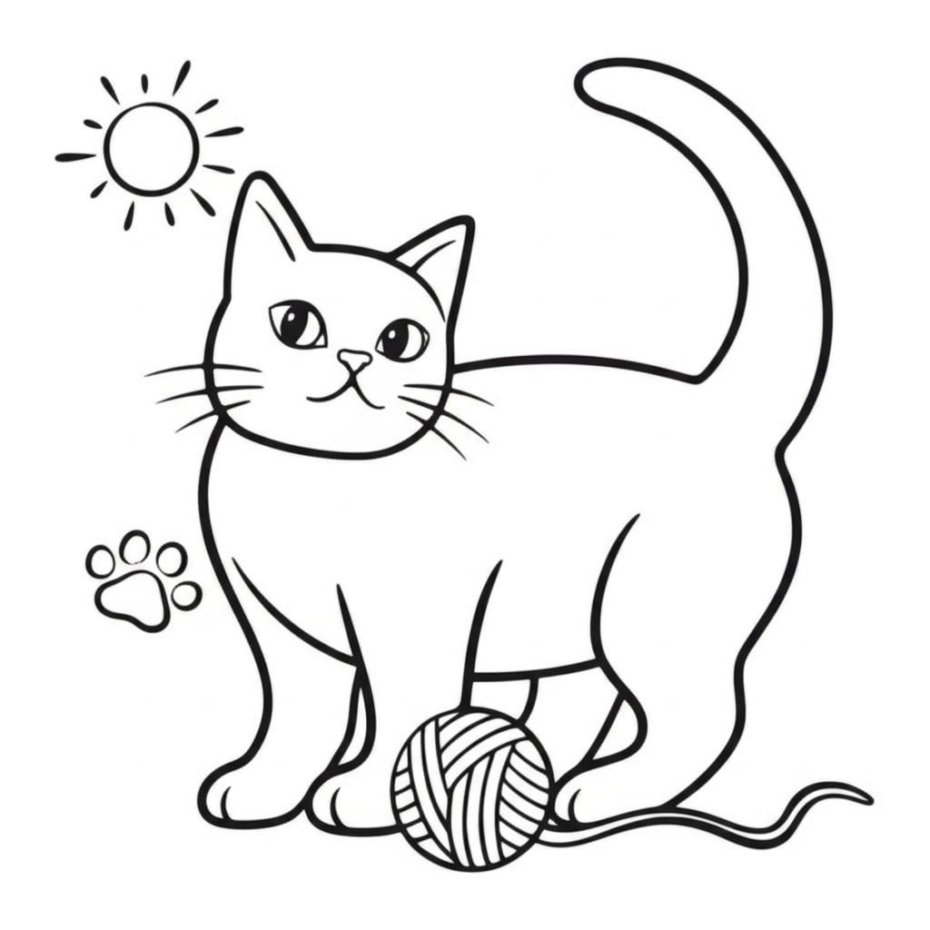 Black and white line art of a playful cat with a ball of yarn and paw prints for coloring