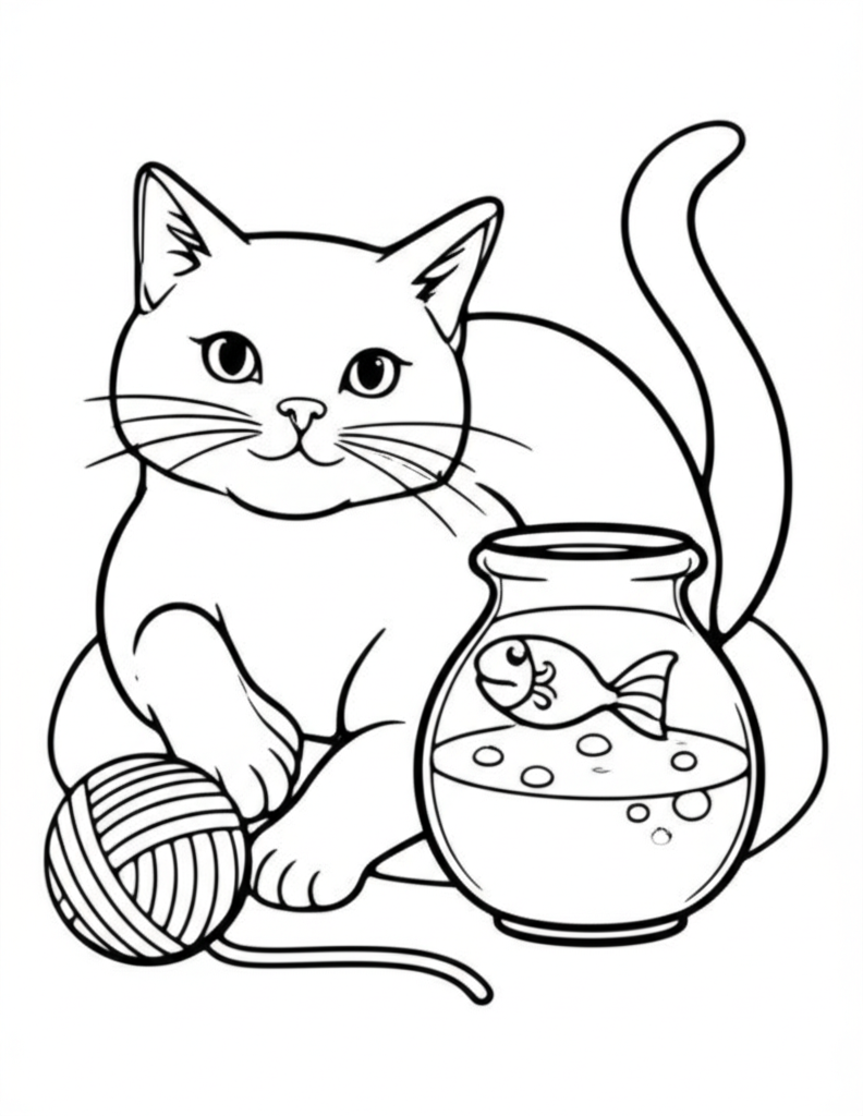 Black-and-white line art of a playful cat with a yarn ball and fishbowl for coloring