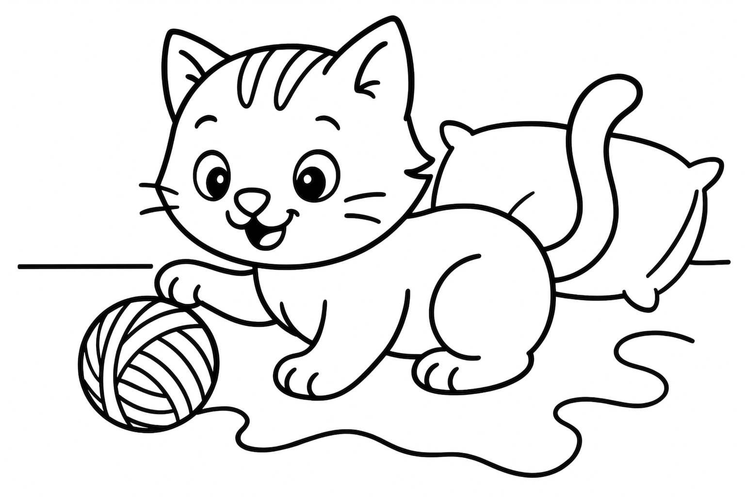 Black and white coloring page of a playful kitten batting at a yarn ball with scattered strands