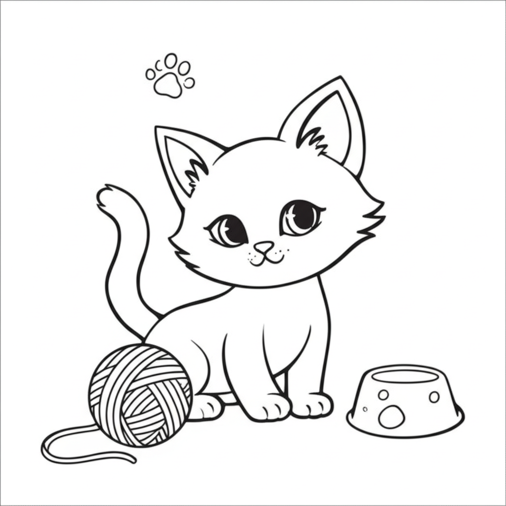Line art of a cute kitten playing with yarn, paw prints, and a bowl for kids to color