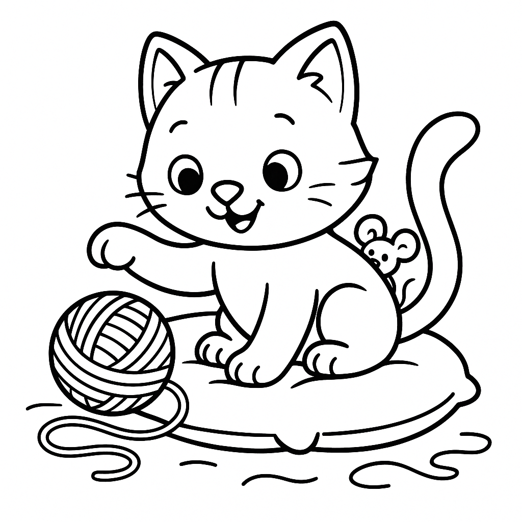 A cute cartoon kitten batting at a ball of yarn with a tiny mouse peeking from behind, designed as a coloring page for kids