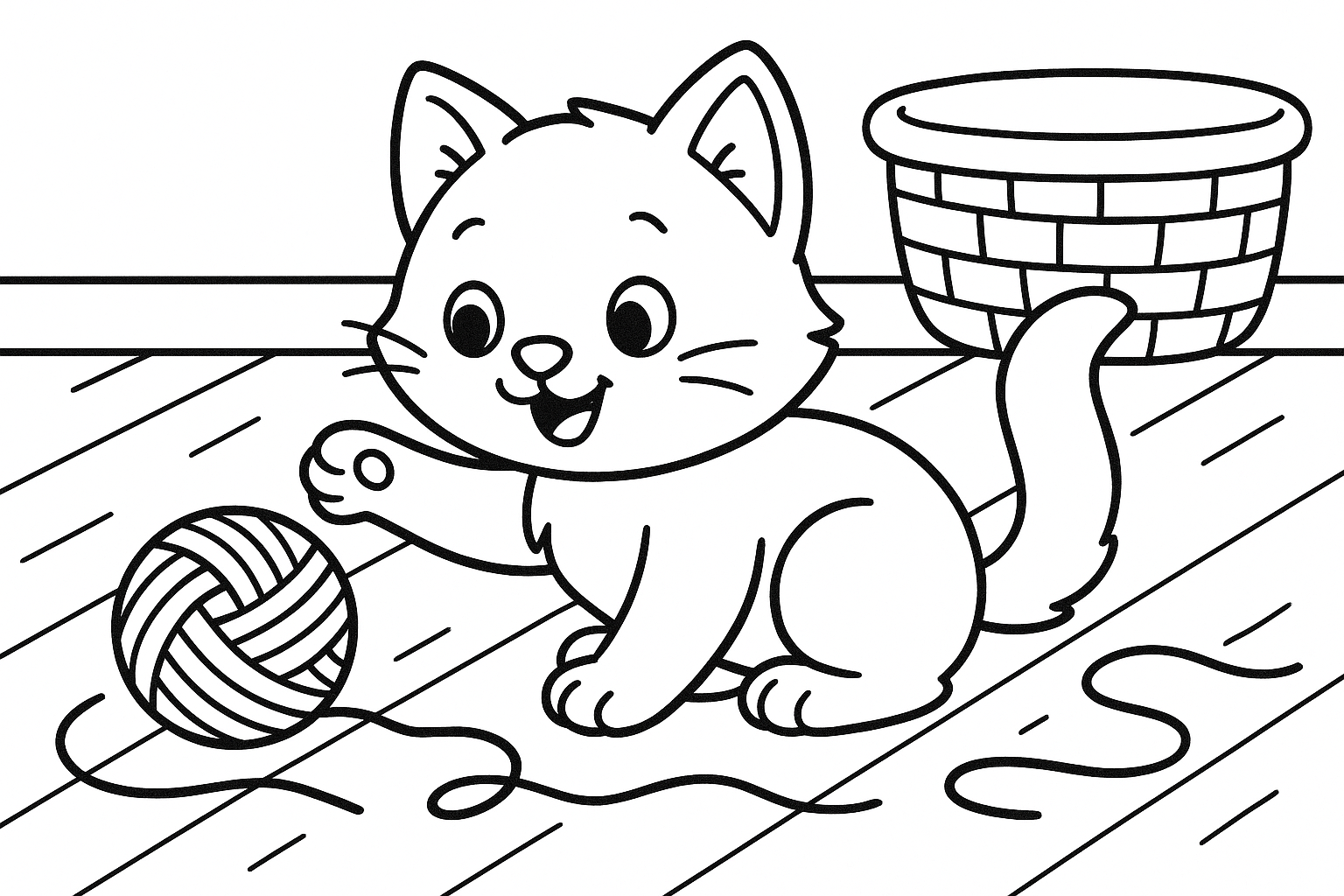 A cute cartoon kitten happily batting at a ball of yarn with scattered strands on a wooden floor