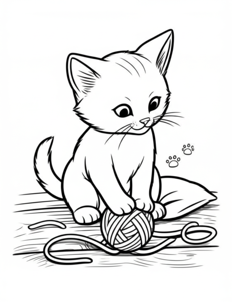 Black and white line art of a cute kitten playing with a tangled ball of yarn on a wooden floor, with paw prints and a cushion