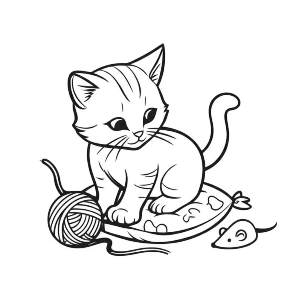 Black and white line art of a cute kitten playing with a yarn ball on a cushion, perfect for kids to color