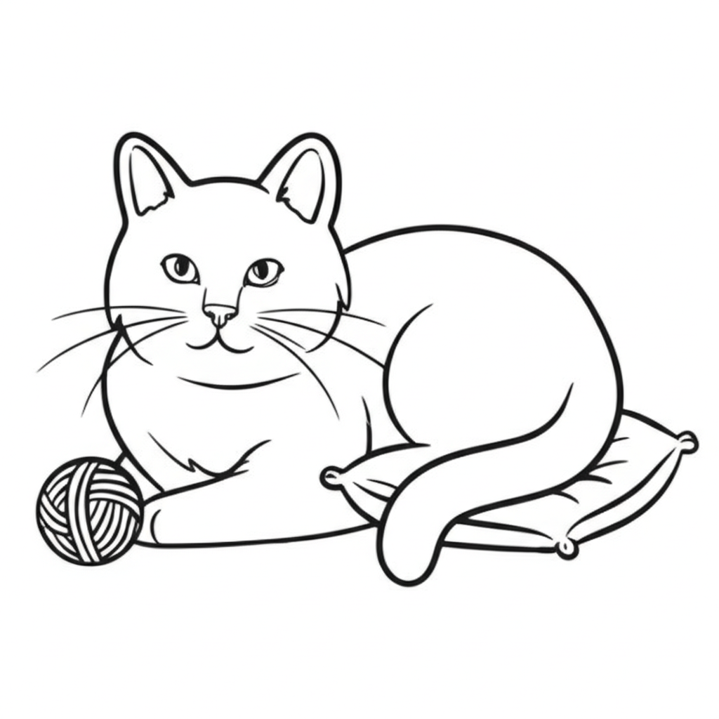 Outline drawing of a playful cat with yarn ball, cushion, and fishbone for coloring