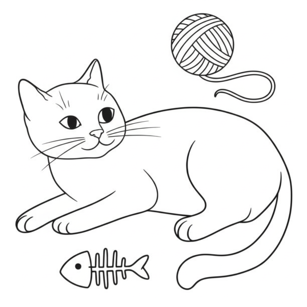Line art of a playful or relaxed cat with a ball of yarn, fishbone, and small mouse for coloring