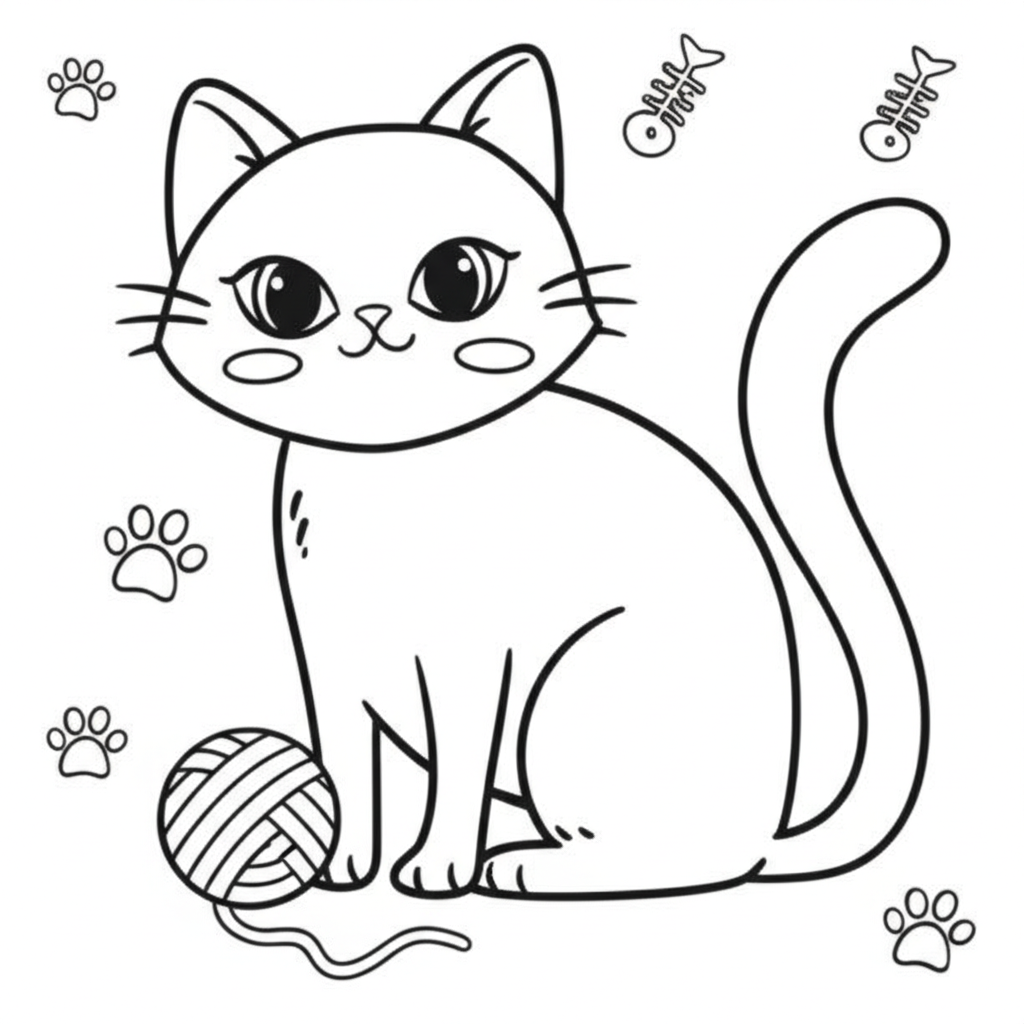 A simple line art coloring page featuring a playful or relaxed cat with a ball of yarn, fishbone, and paw print patterns for kids to color