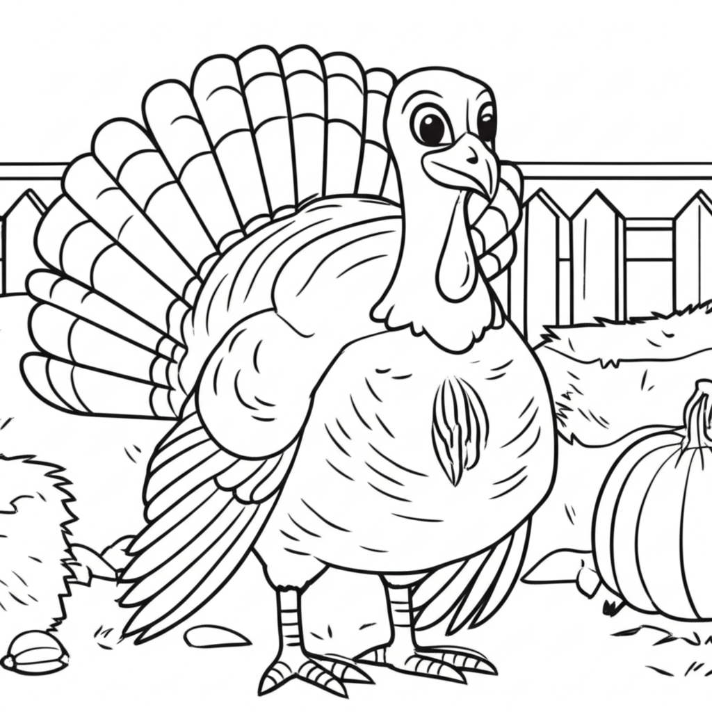 Black and white coloring page of a proud turkey displaying its fanned feathers in an autumn farmyard scene with hay bales, pumpkins, and a wooden fence