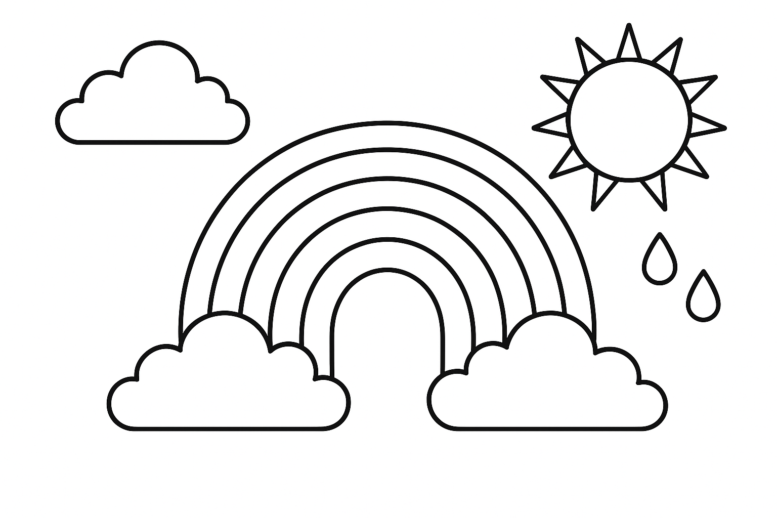 Black and white outline of a rainbow with clouds, sun, and raindrops for coloring