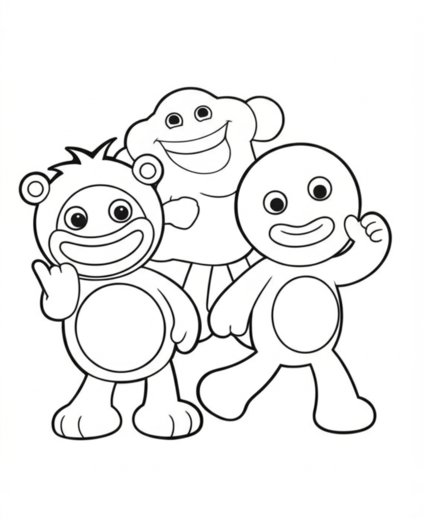 Black-and-white line art coloring page featuring Rainbow Friends characters in playful poses