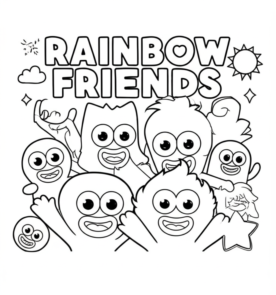 A coloring page featuring cheerful Rainbow Friends characters with sun, clouds, and stars, designed for kids to color.