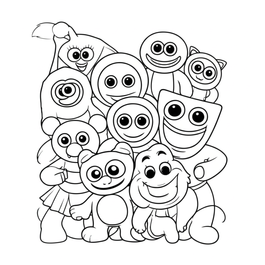 Black and white cartoon-style line art of Rainbow Friends characters for coloring