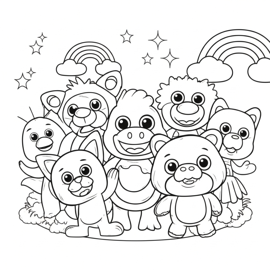 Black and white line art of Rainbow Friends characters with rainbows and clouds for kids to color