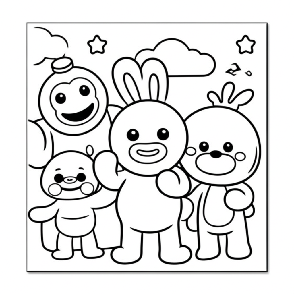Black-and-white coloring page featuring Rainbow Friends characters with bold outlines, stars, and clouds for kids