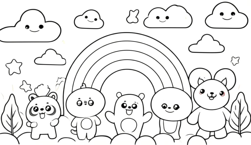 A black-and-white line art coloring page featuring cheerful Rainbow Friends characters surrounded by clouds, stars, and a simple nature background