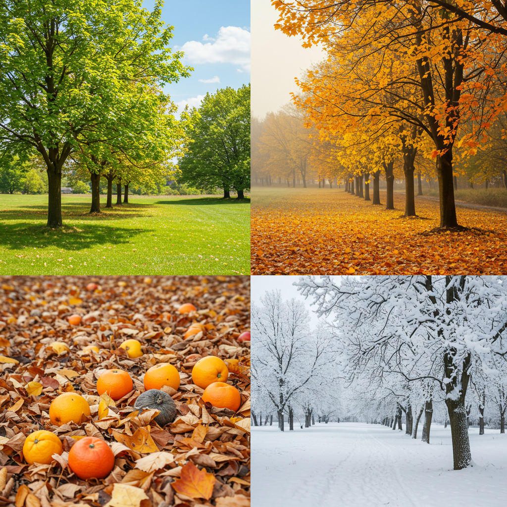 Season Coloring Pages featuring spring flowers, summer sun, autumn leaves, and winter snow