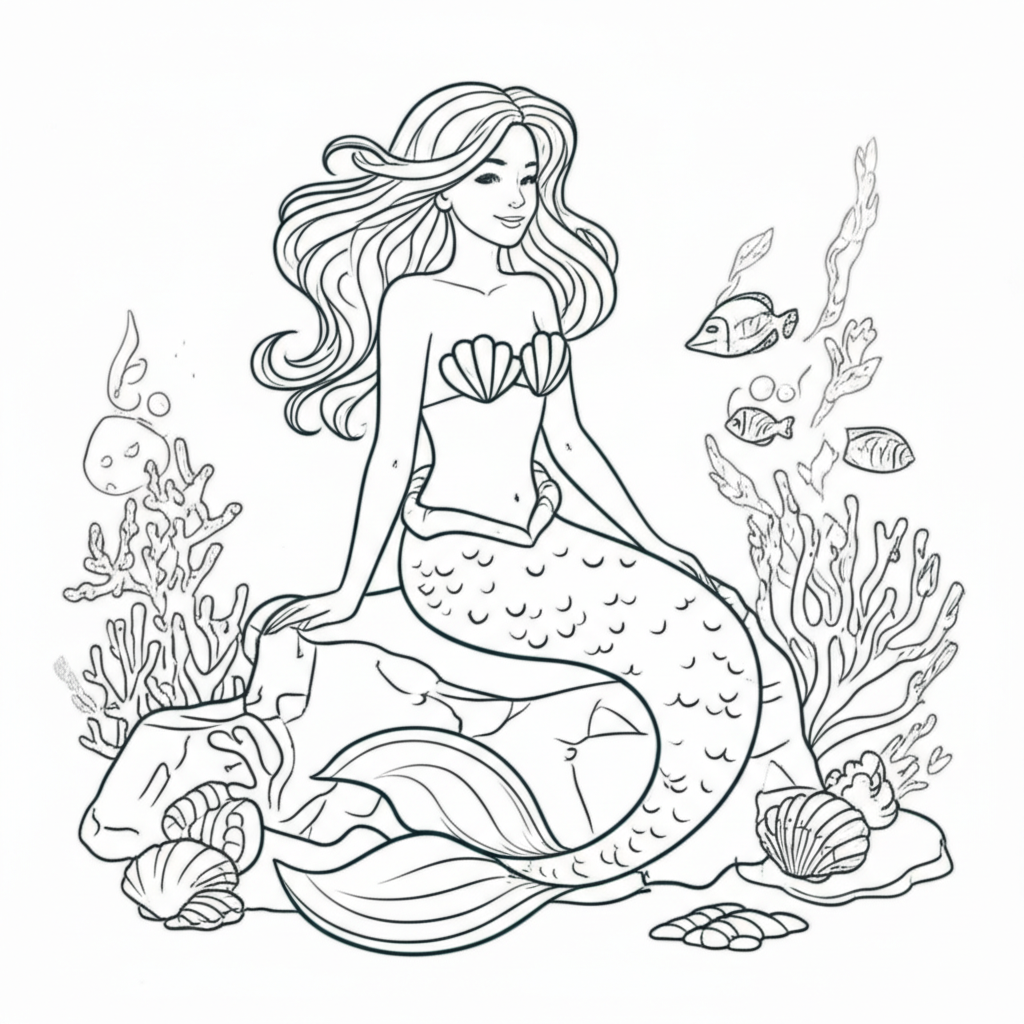 Detailed coloring page of a serene mermaid on a rock surrounded by seashells, coral, and fish