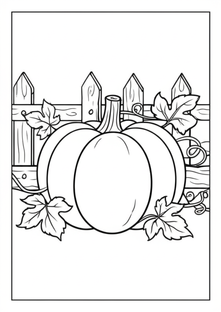 Black-and-white line art of a pumpkin with vines, leaves, and a wooden fence for coloring