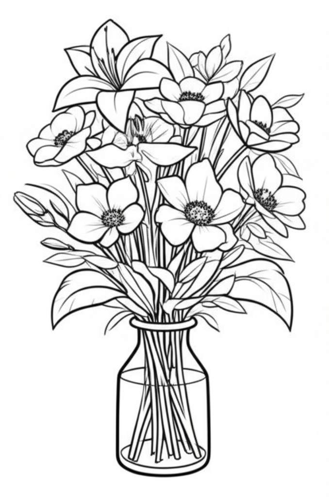 Black and white coloring page of a cartoon bouquet of flowers in a vase, easy for toddlers to color