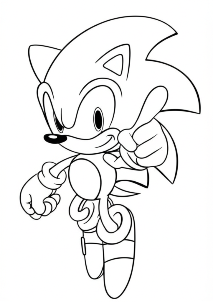Black and white line art of Sonic the Hedgehog in a dynamic pose with rings and loops for coloring