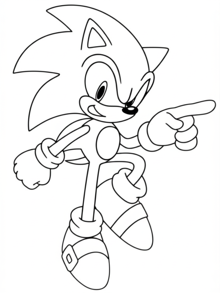Coloring page of Sonic the Hedgehog in a dynamic pose with rings and checkered flag patterns