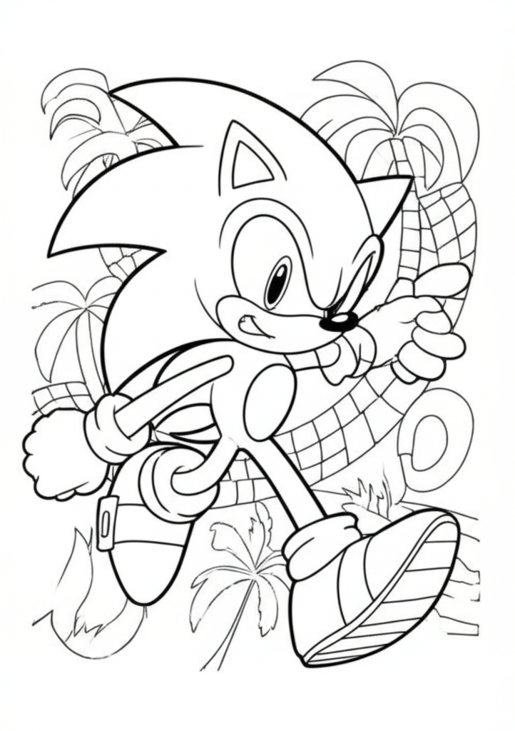 Printable coloring page of Sonic the Hedgehog in a dynamic pose with rings, checkered loops, and palm trees