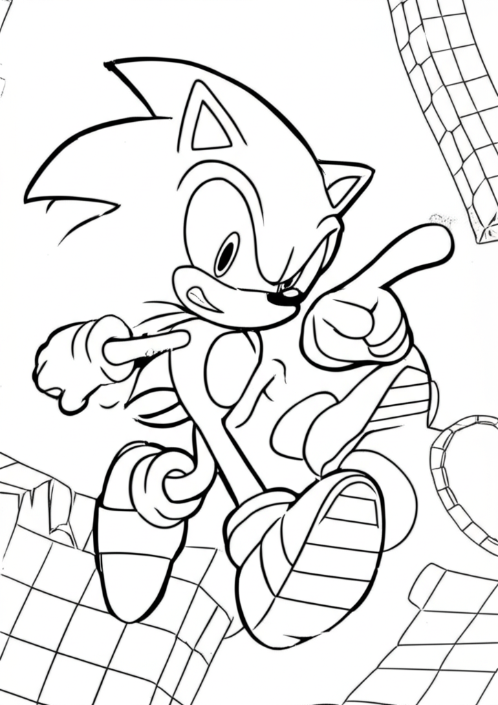 Black and white coloring page of Sonic the Hedgehog running dynamically with checkered platforms and rings