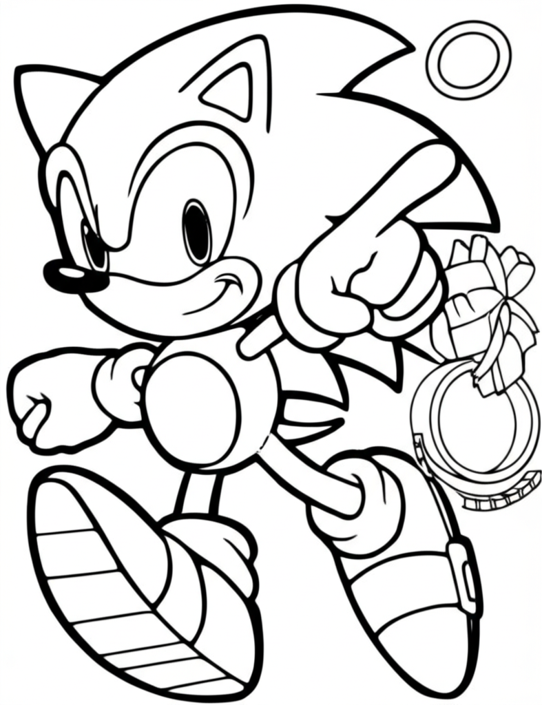 Black and white outline of Sonic the Hedgehog running dynamically with gold rings and loop-de-loops in the background