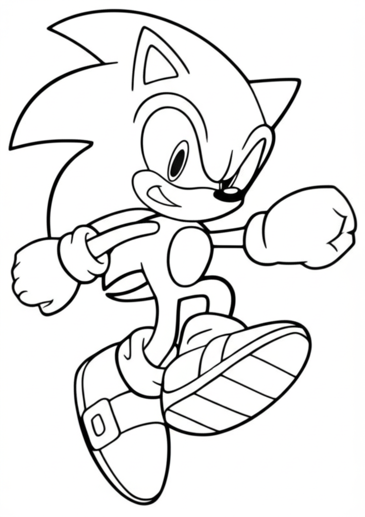 Printable coloring page of Sonic the Hedgehog running fast with loops and rings