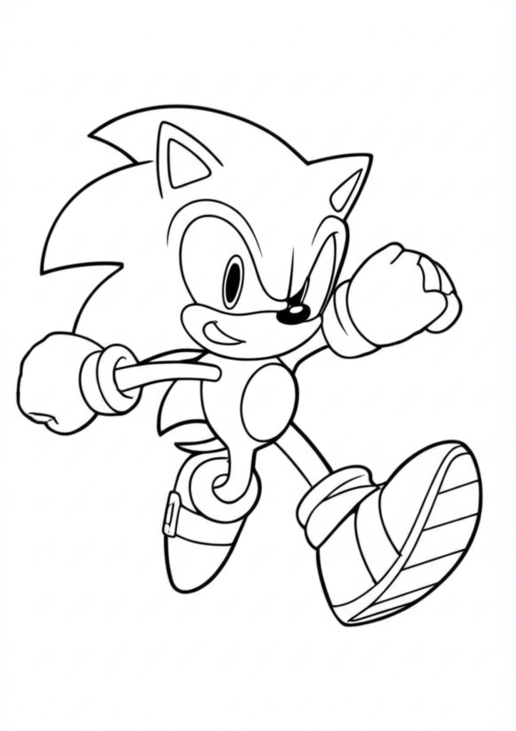 Black-and-white outline of Sonic the Hedgehog running fast with scattered rings and checkered platforms for kids to color