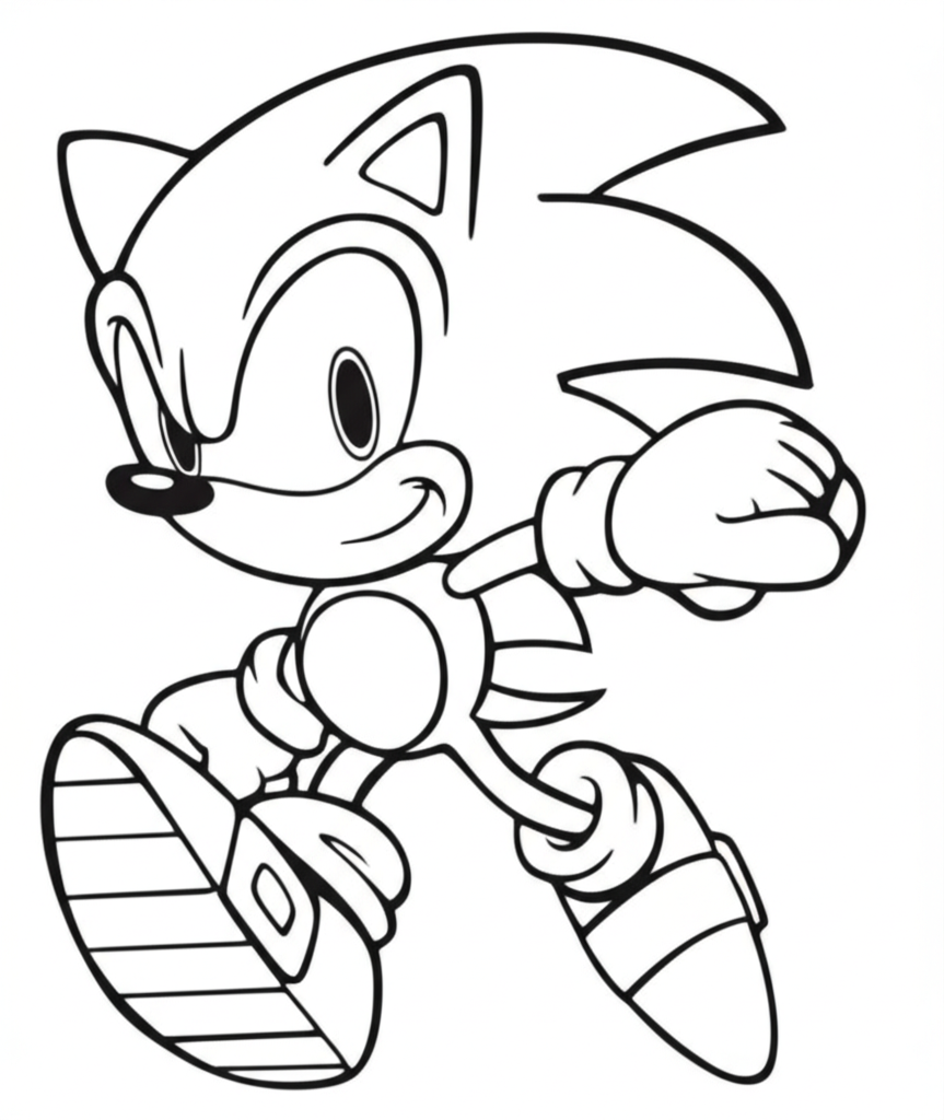 Black-and-white line art of Sonic the Hedgehog running or spinning with rings and loop-de-loops, perfect for coloring