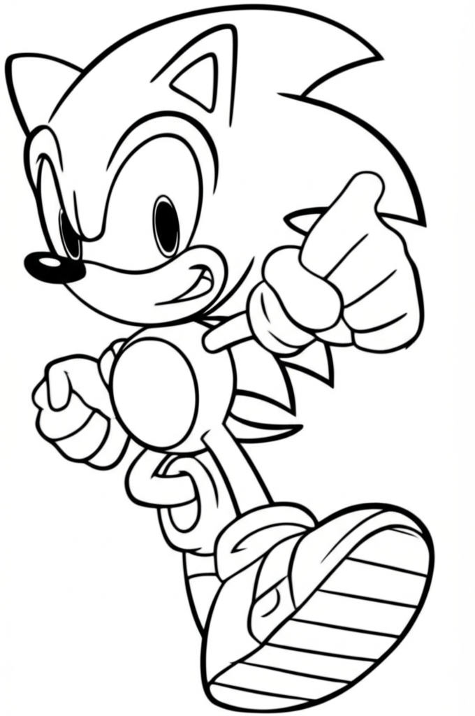 Line art of Sonic the Hedgehog in a dynamic running pose, ready for coloring