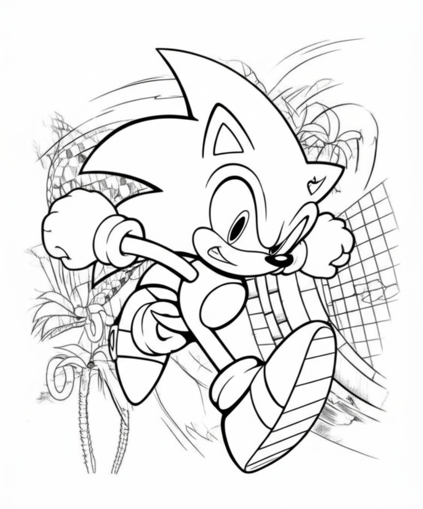 Black and white line art of Sonic the Hedgehog running at high speed through Green Hill Zone with loop-de-loops and rings