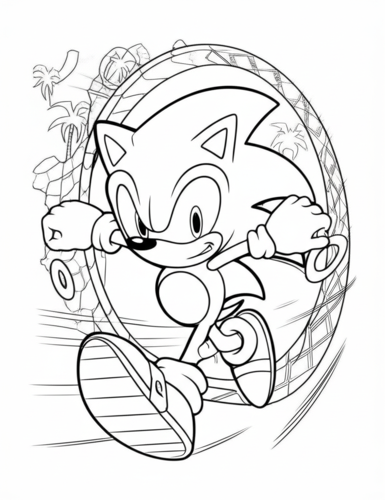 Black and white line art of Sonic the Hedgehog running through a loop-de-loop with motion lines, palm trees, and rings in the background.