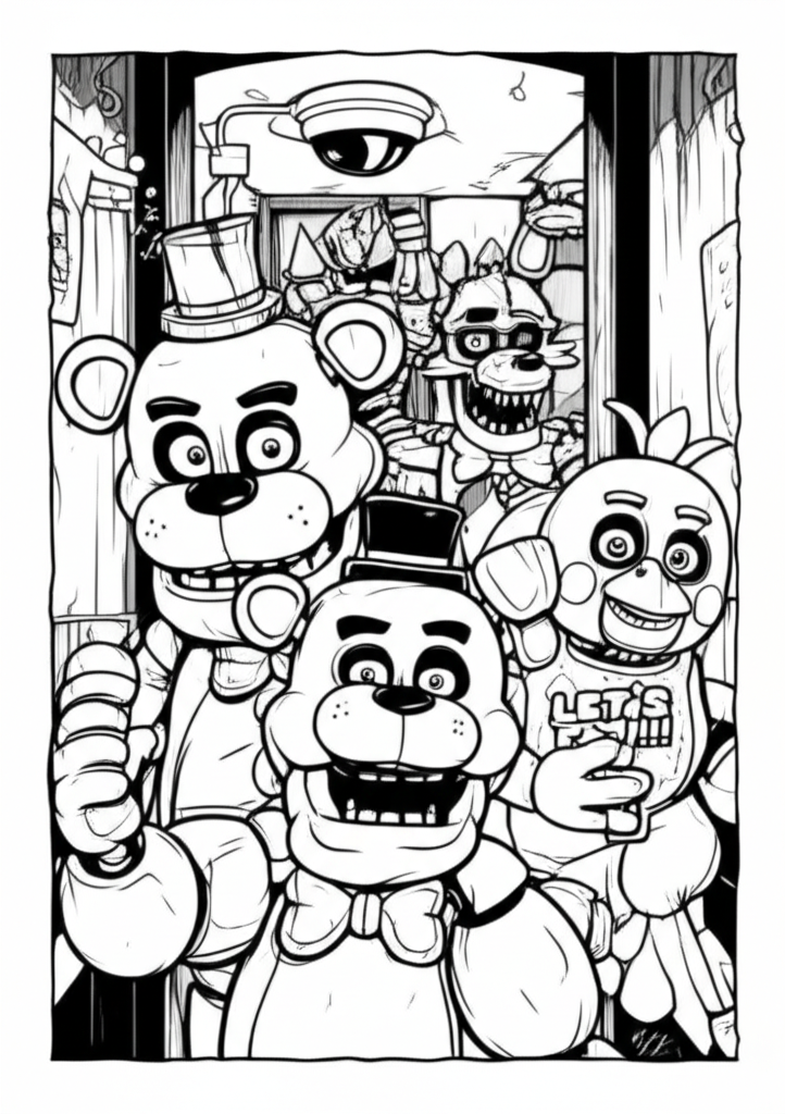 Black and white detailed line art of Freddy Fazbear, Chica, Bonnie, and Foxy lurking in a dim hallway with eerie atmosphere