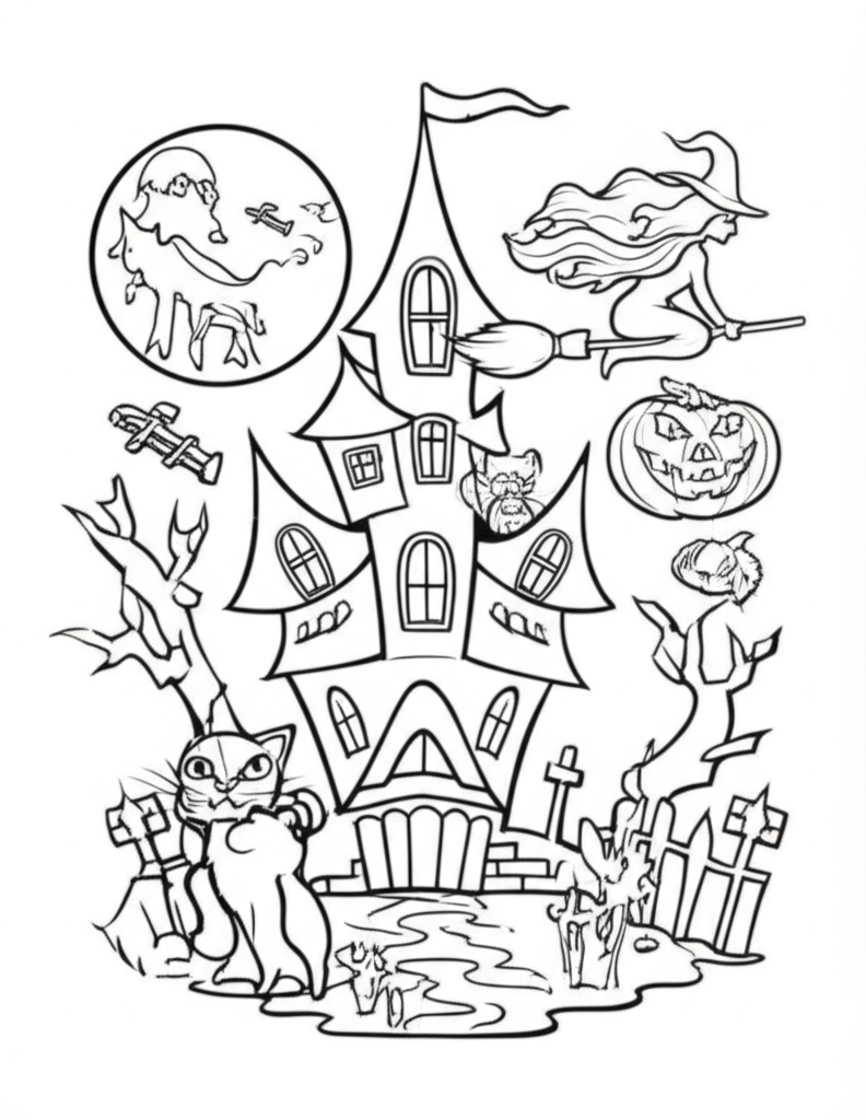 Detailed Halloween coloring page featuring a jack-o'-lantern, black cat, haunted house, and witch on a broomstick