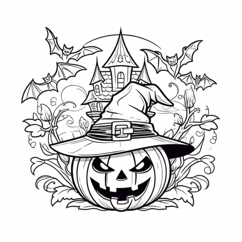 Detailed Halloween coloring page featuring a grinning jack-o'-lantern, witch's hat, flying bats, and a haunted house in the background