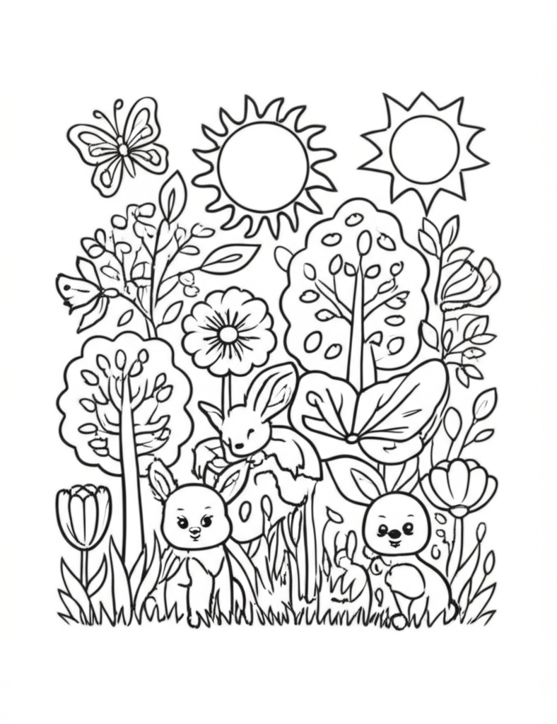 Black-and-white spring-themed coloring page featuring flowers, butterflies, trees, and baby animals