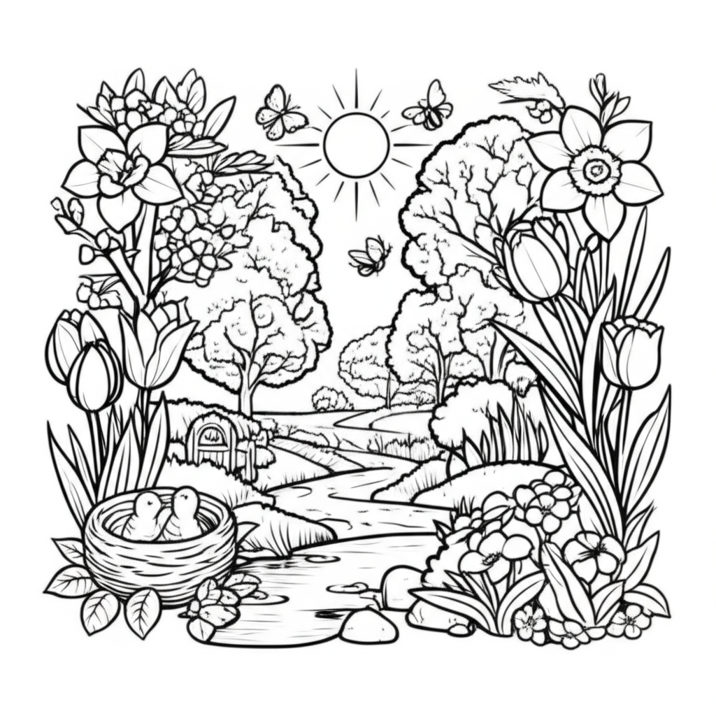 Black-and-white spring coloring page featuring blooming flowers, butterflies, and a bright sun