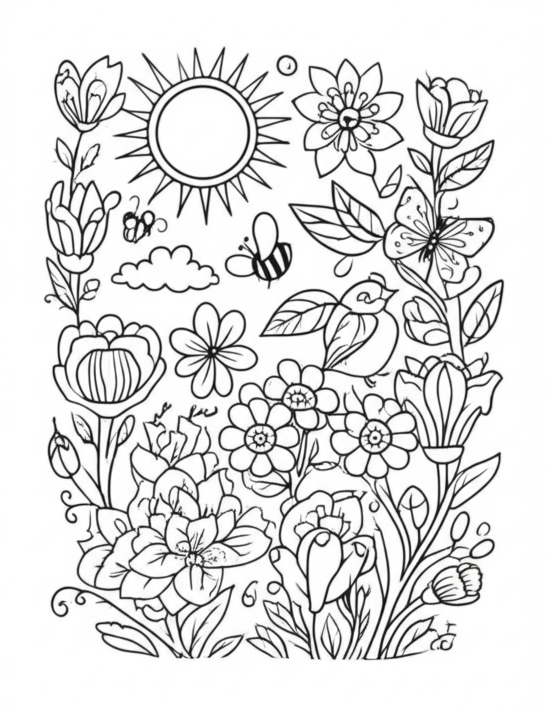 Black-and-white line art of a spring scene featuring blooming flowers, butterflies, bees, birds, and budding trees for coloring