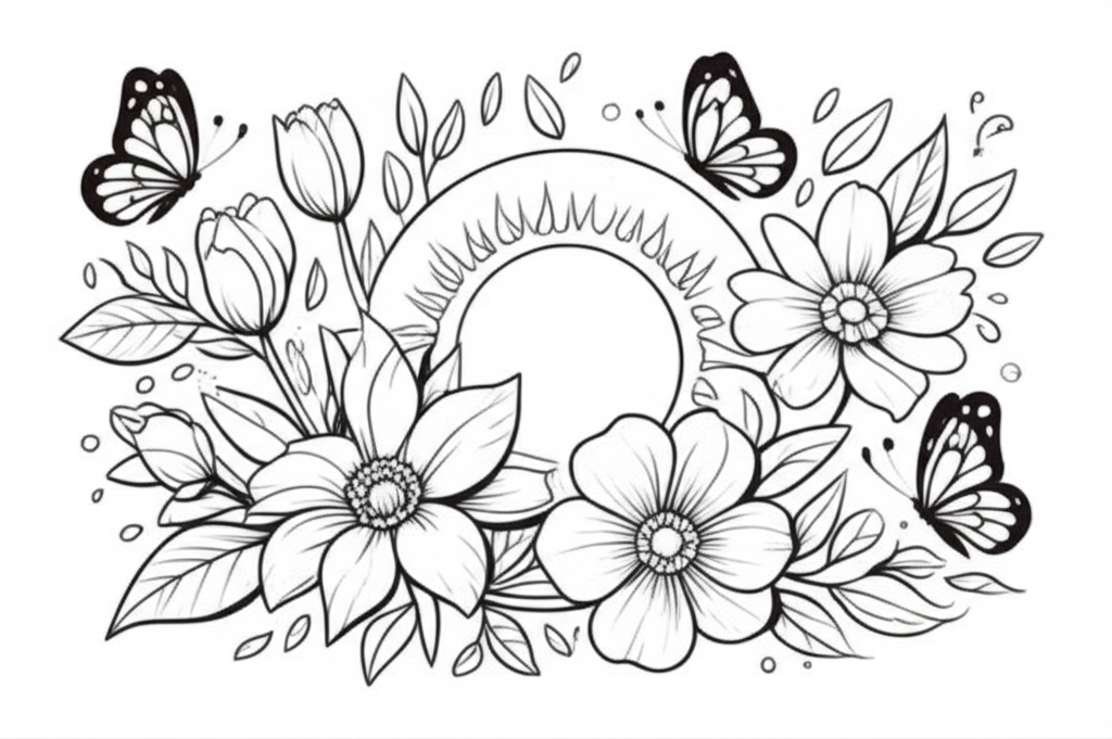 Black-and-white line art coloring page featuring spring elements like flowers, leaves, sun, and butterflies