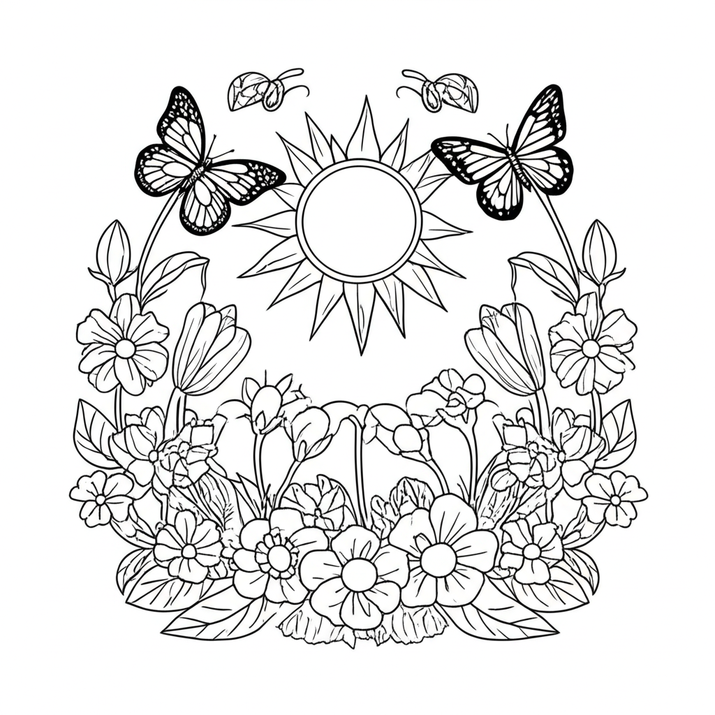 Black-and-white line art of a cheerful spring scene featuring flowers, butterflies, a sun, and greenery for coloring